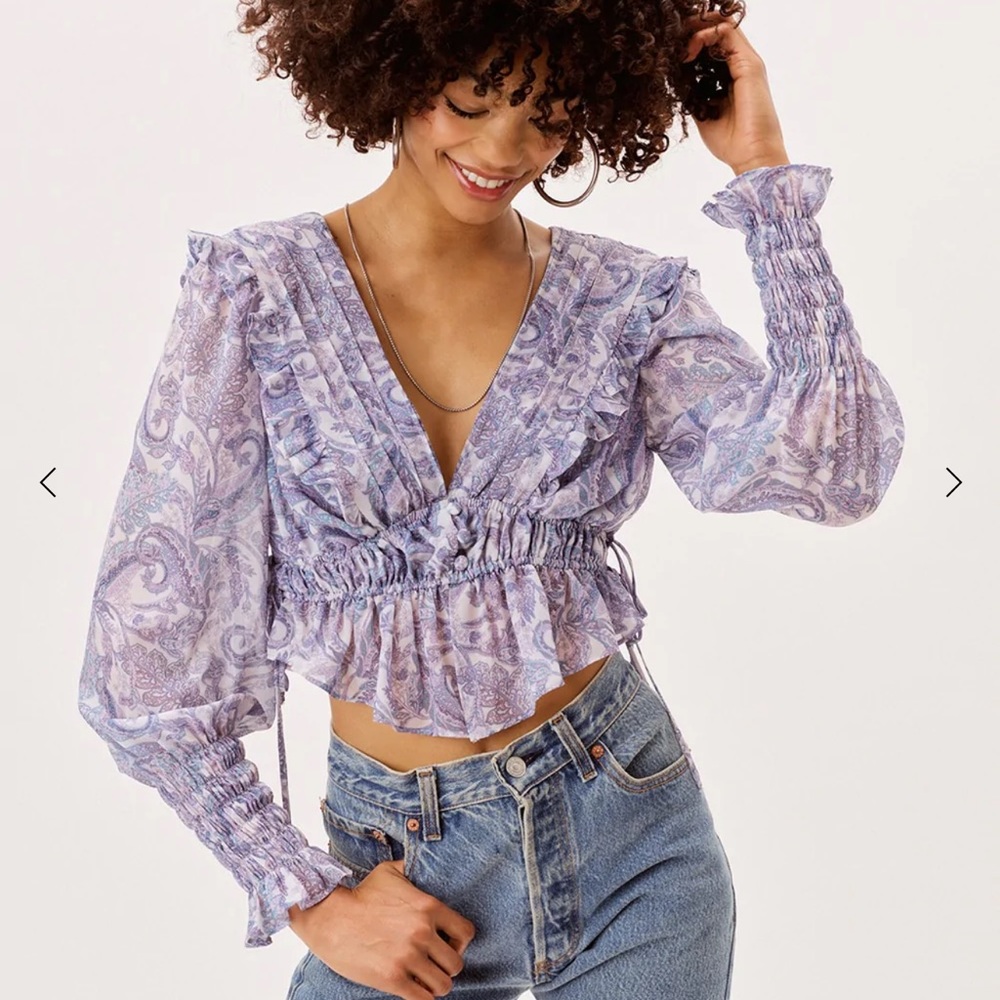 For Love & Lemons Lavender Paisley Ruffle Crop Top